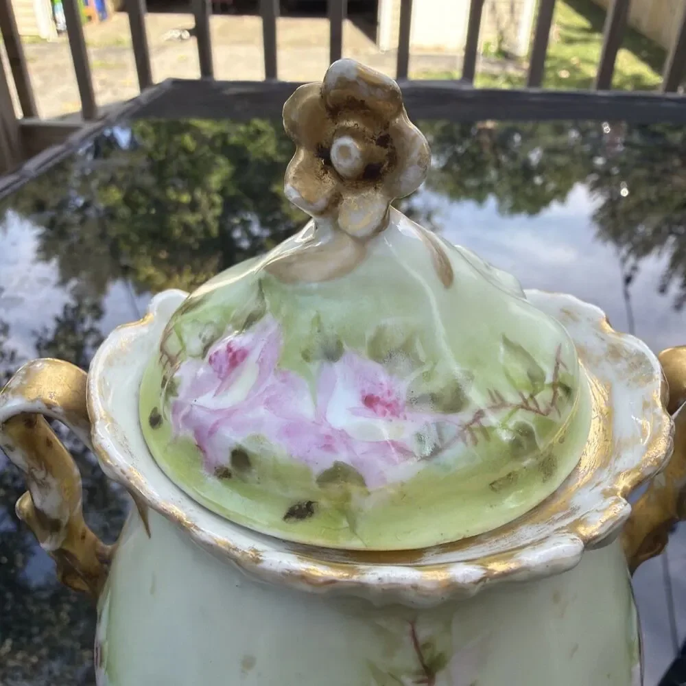 Vintage Zeh Scherzer Bavaria Hand Painted Pink Roses Lidded Sugar Bowl- ER Corts